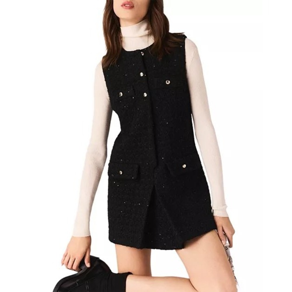 Maje Blacky Sequined Tweed Romper Playsuit Black Gold Button MFPC000357 T36 NEW